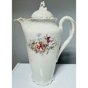 Vintage Floral Porcelain Chocolate Pot Gold Trim Embossed White Pink Tea Pitcher